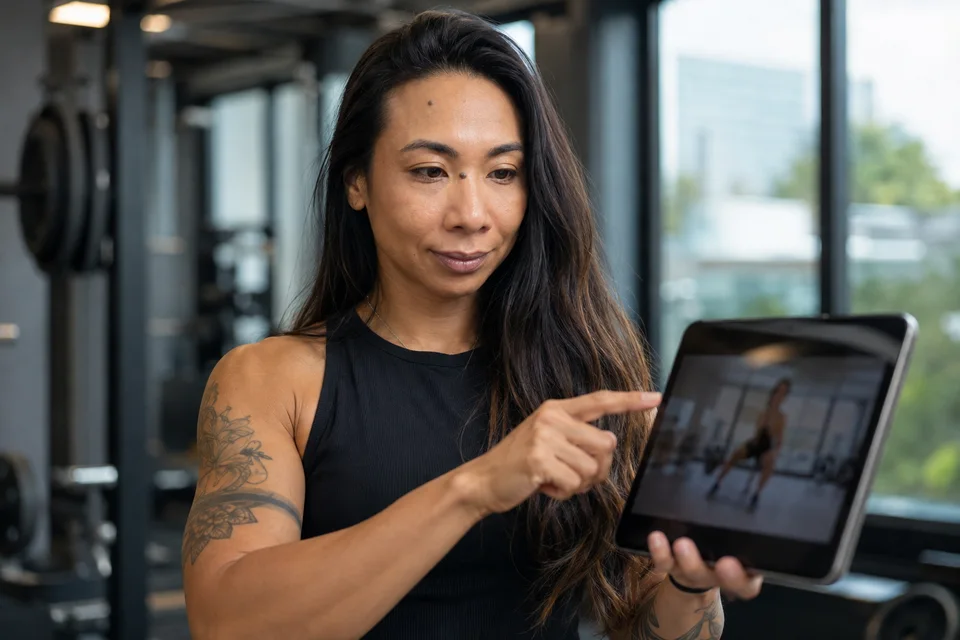 Kaka Tanikawa analisando um vídeo de exercício em um tablet